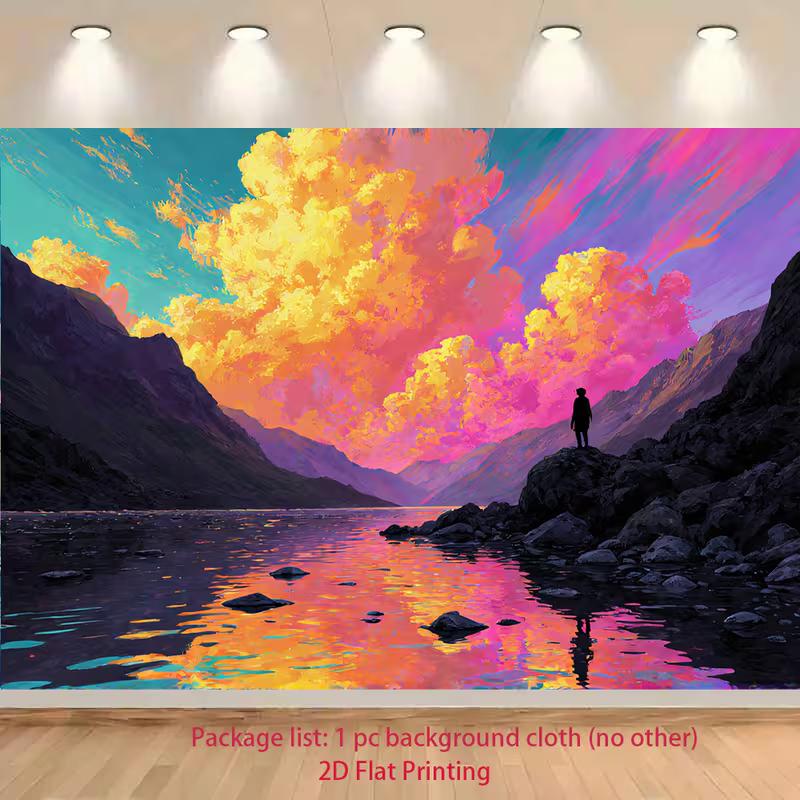 2D Sunset Mountain Lake Photo Backdrop Nature Portrait Decor Cloth