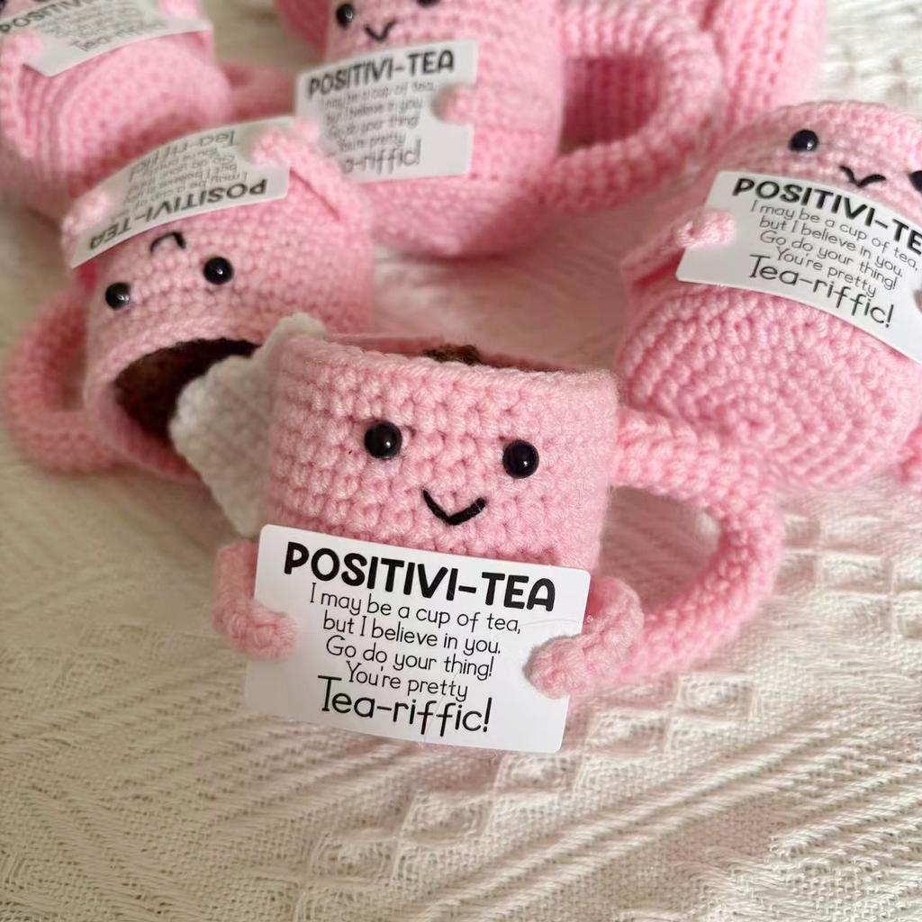 Funny Crochet Positive Pink Tea Cup Doll with Motivational Card Handmade Emotional Support Cup Desktop Ornament for Women Friend