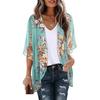 Women Beach Shirt 45720 Sleeve Mid-length Sunscreen Tops Floral Print Breathable Loose Fit Beach Shawl
