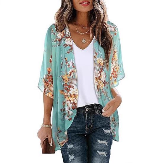 Women Beach Shirt 45720 Sleeve Mid-length Sunscreen Tops Floral Print Breathable Loose Fit Beach Shawl