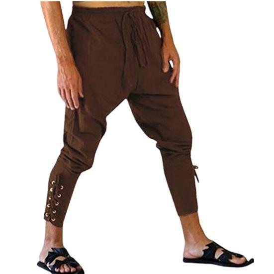 Men Pants Medieval Vikings Pirate Ankle-banded Strap Elastic Loose Waist Pleated Lace-up Solid Color Cropped Trousers Cosplay Performance Costume
