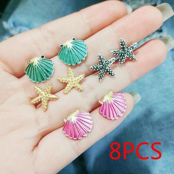 4pairs/set Starfish Shell Stud Earring Set Women Colorful Conch Shells Star Stud Earrings Party Bea