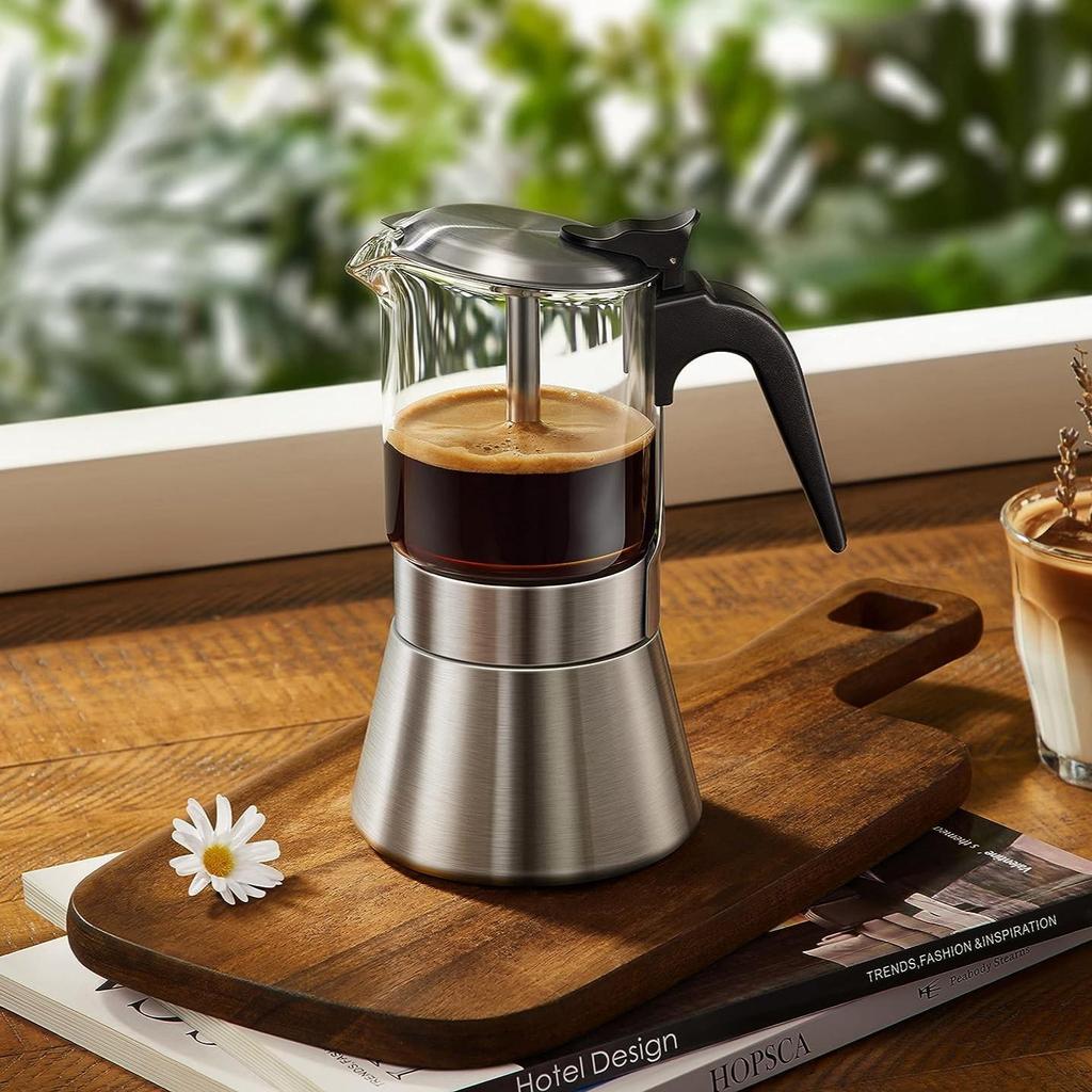 Кофеварка для эспрессо на индукционной плите Moka с клапаном давления, столешницей из хрустального стекла и кастрюлей Esprosso Moka из нержавеющей стали, классическая итальянская кофеварка