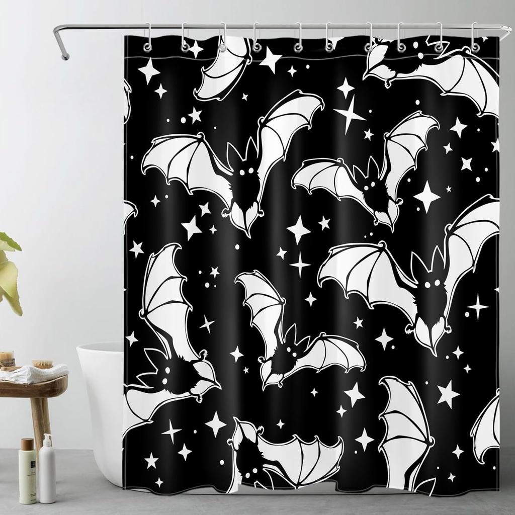 LB Spooky Halloween Shower Curtain for Bathroom, Gothic Horror Halloween Pink and Black Bats Fabric Shower Curtain with Hooks, Funny Pink Bat