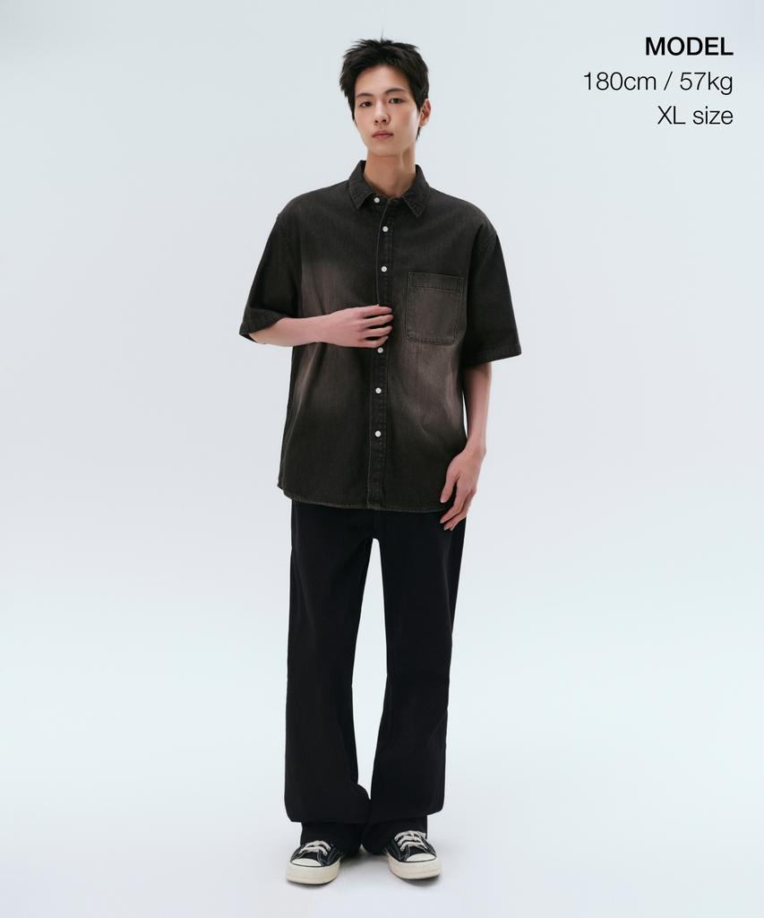 MUSINSA STANDARD Big Brush Relaxed Short Sleeve Denim Shirt [Yellow Black]
