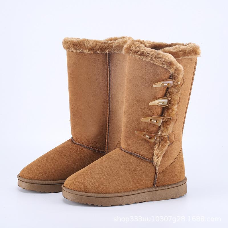 Зимние сапоги из бархата, женские хлопковые ботинки, высокие сапоги с пряжкой из рога, на плоской подошве