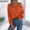 Women's Fashion Casual Fall Winter Solid Color Print Long Sleeve Oblique Collar Sweaters