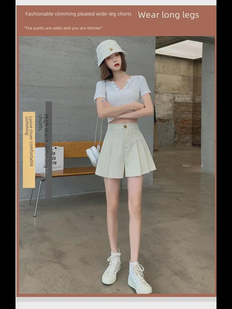 Женские шорты А-силуэта с широкими штанинами и складками 2023 года: Эластичный пояс, облегающий крой, повседневный летний стиль