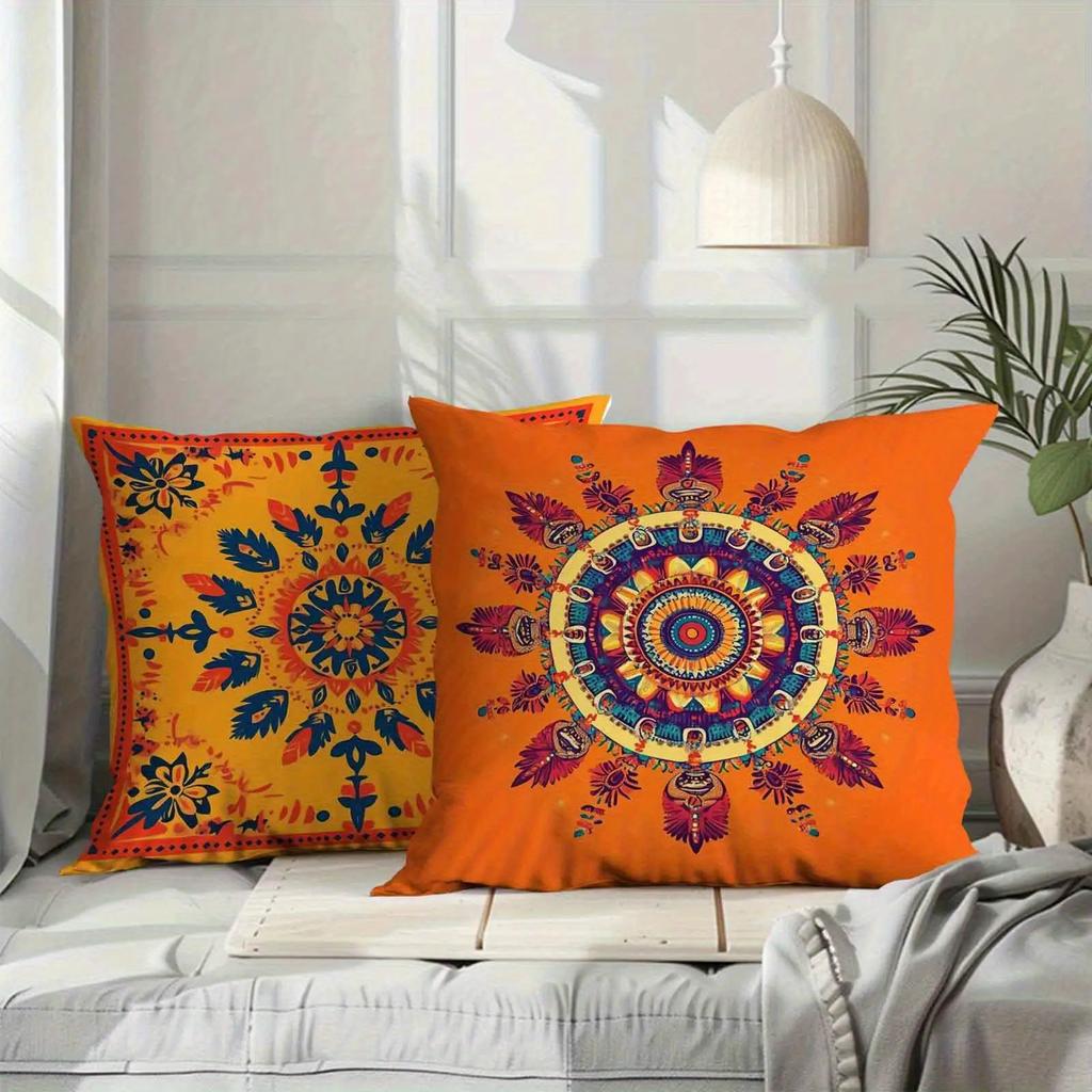 Boho Orange Mandala Pillow Covers Ethnic Floral Pattern Decorative Throw Pillow Cases, Moroccan Exotic Home Decor Cushion Covers
