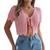 Women Crochet Tops Short Sleeve Lace-up Hollow Design Knitting Tops Sun Protection Summer Vacation Tops