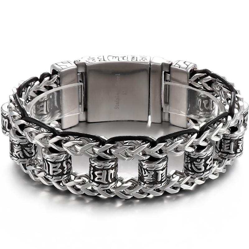 Религиозный браслет для мужчин из нержавеющей стали 316L, 22 мм, буддийские Священные Писания, мужские браслеты, кожаные ювелирные изделия на руку, массивные