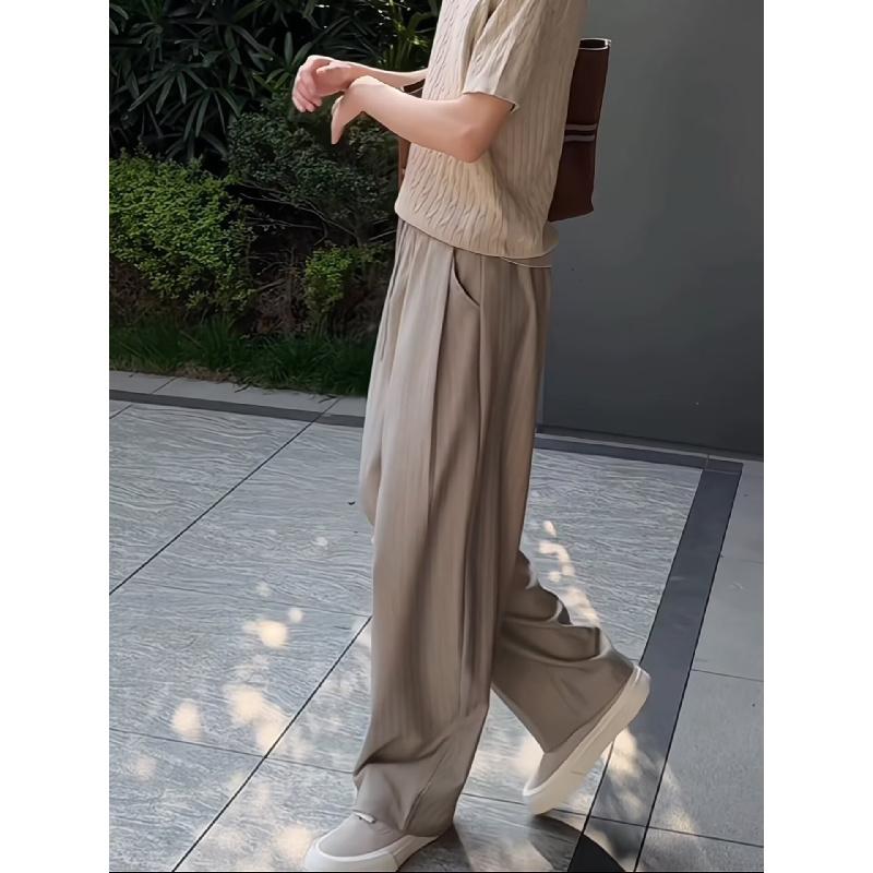 Lazy style drooping casual pants for men in summer, loose and wide legs, comfortable and simple, solid color drawstring pants