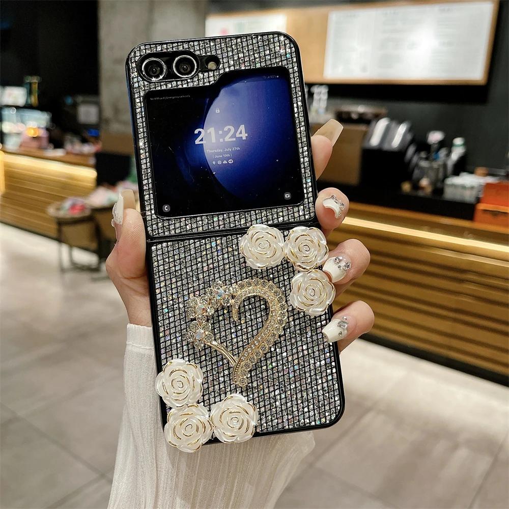 Роскошный сияющий бриллиантовый чехол Camellia для Samsung Galaxy Z Flip 4 5, матовый жесткий противоударный бампер, чехлы для Z Flip3 Flip5 5G
