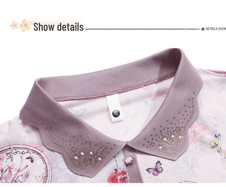 2026 Spring New Mother's Seven-Sleeve Ice Silk T-Shirt for Middle-Aged & Elderly Women - Spring/Summer Fashion Lapel Top