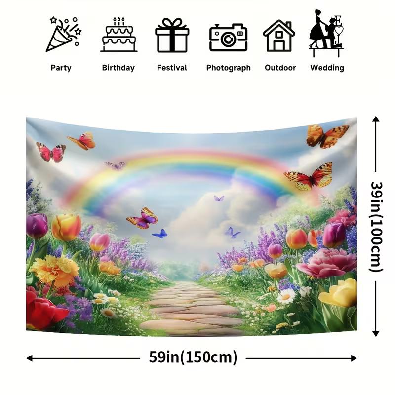 2D Spring Rainbow Backdrop, Colorful Garden with Tulips & Butterflies Background for Outdoor Themed Events