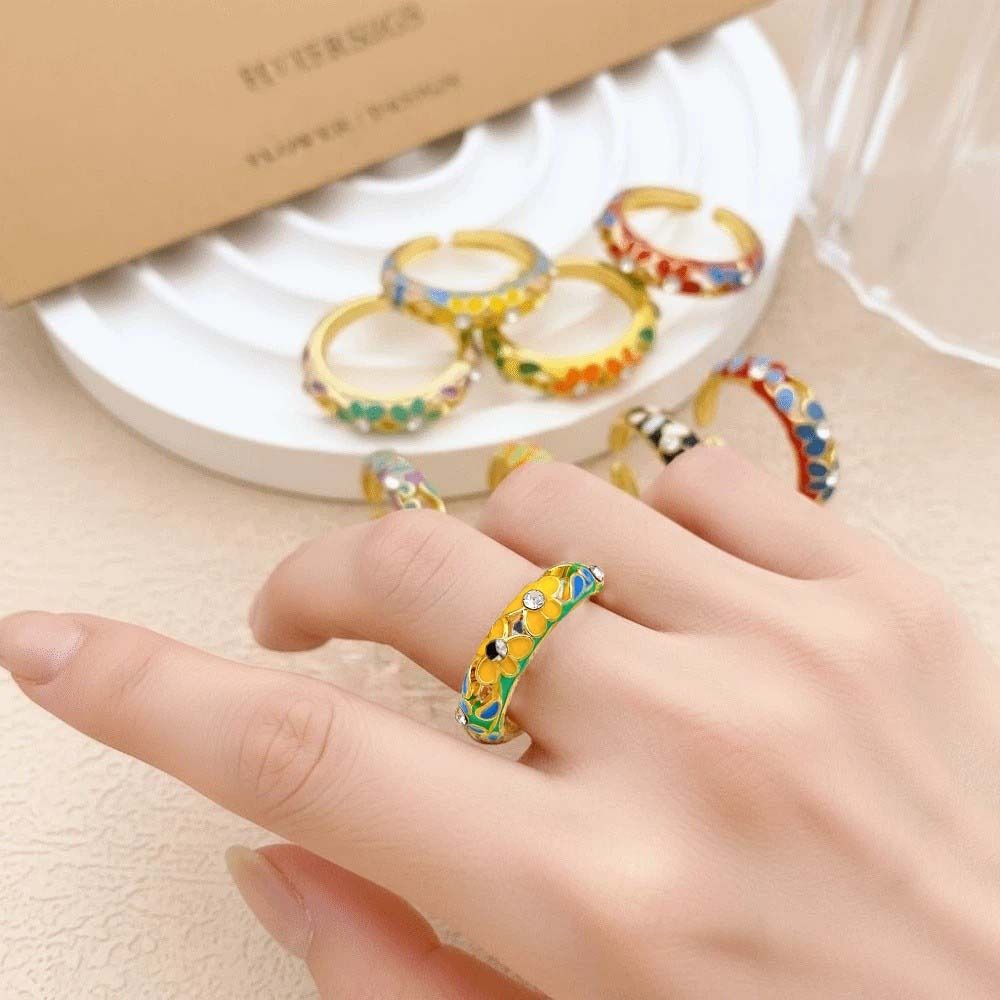 Hollow Out Vintage Geometric Rings Engraved Gold Plated Ring Colorful Enamel Flower Rings Female