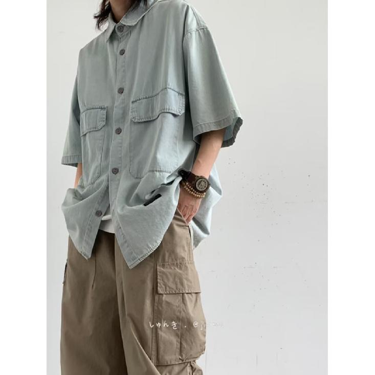 Рубашка с коротким рукавом в стиле ретро из джинсовой ткани, летняя модная мужская и женская марка, японский ретро-тренд с коротким рукавом, классная и свободная рубашка