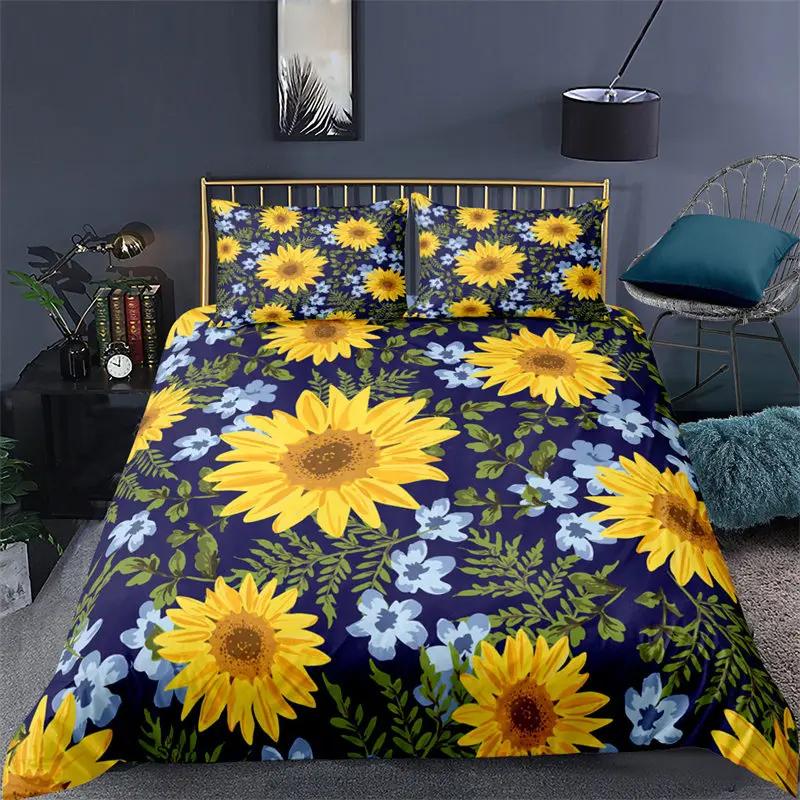 Sunflower Bedding Set Modern Microfiber Yellow Flowers Print Duvet Cover Alluring Sunflowers Summer Inspired Design Quilt Cover