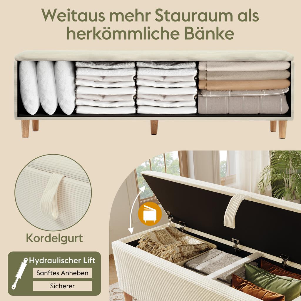 Bed Bench with Storage, 145 x 38 cm, Upholstered Bench with Hydraulic Storage, Storage Box, Bedroom, Living Room and Hallway, Beige Corduroy Look.
