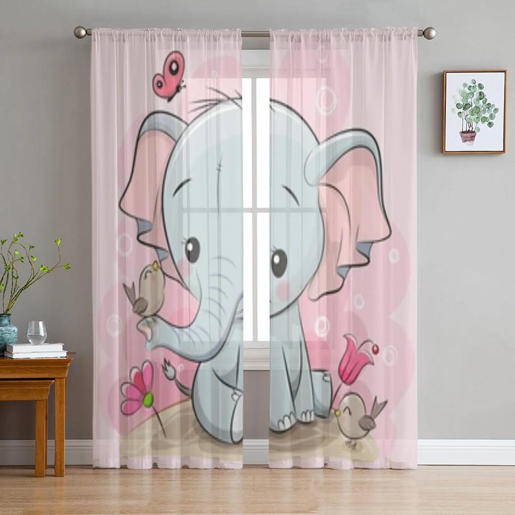Cartoon Little Elephant With Star And Moon Translucent Drapes For Living Room Window Opening Clear Voile Tulle Drape Bedroom Space Space Curtains