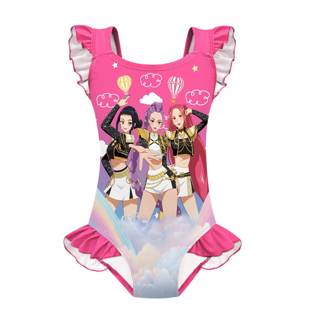 Детский Девочки Аниме Мультфильм K-Pop Руми Зои Мира Принт Волан Без рукавов Слитный Купальник Купальный костюм