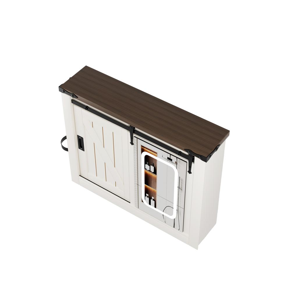 With Sliding Door 3-color Light Adjustment, Anti-fog LED Mirror Cabinet Farmhouse Bathroom Mirror Cabinet for Bathroom Bedroom