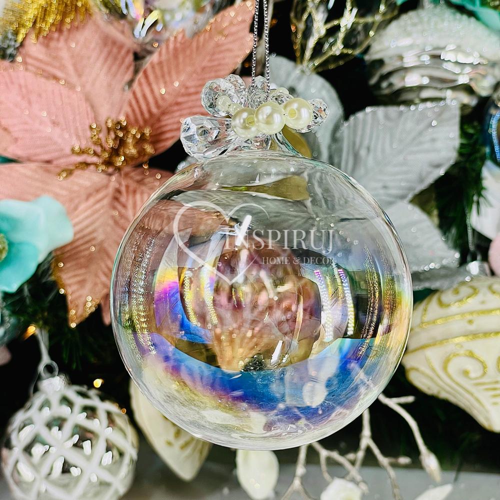 Glass Christmas tree ornament with an iridescent petrol effect and diamonds, 8 cm