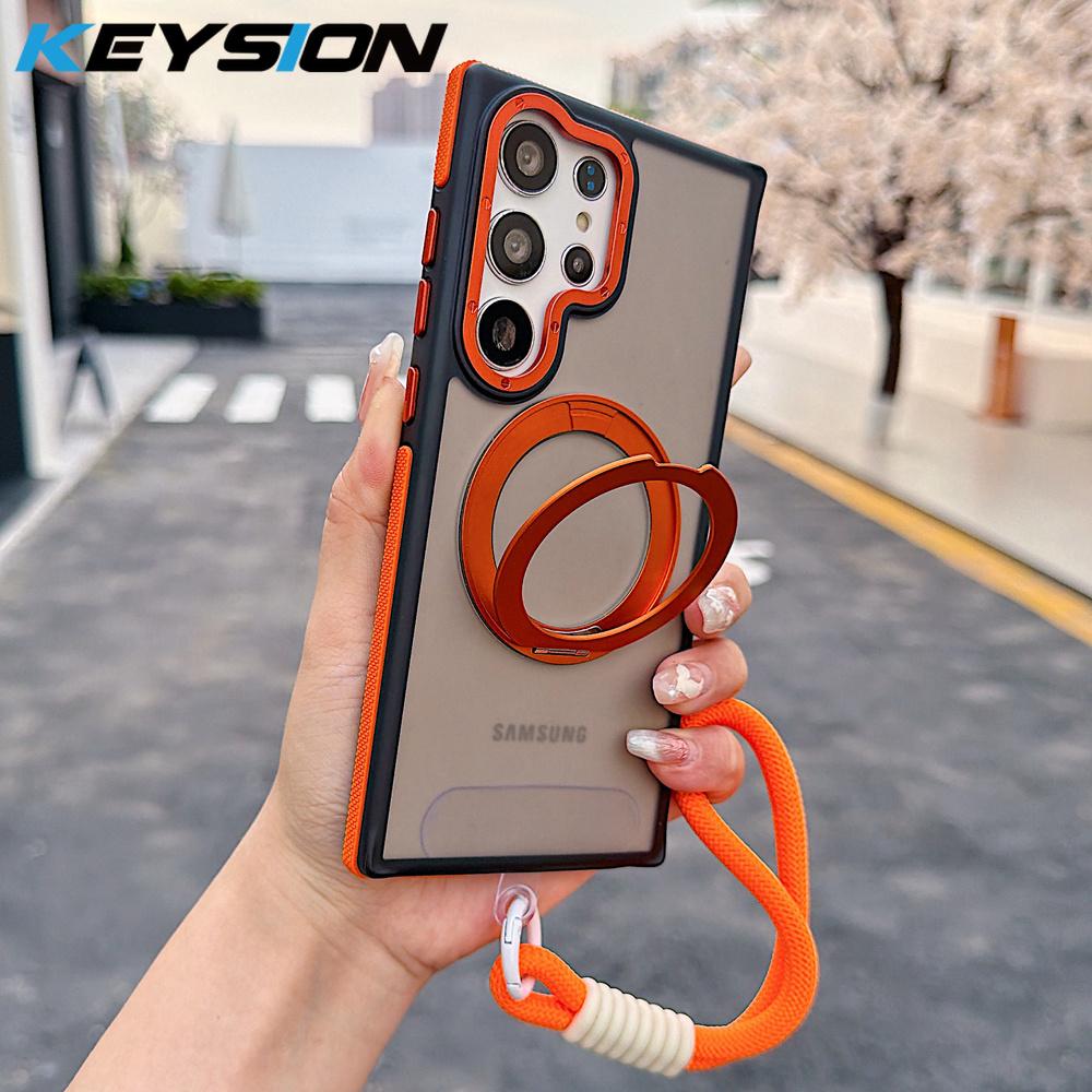 KEYSION Магнитный чехол для телефона с кольцом-подставкой 360° для Samsung Galaxy S23 S24 Ultra 5G S24+FE Матовый полупрозрачный с ремешком Ударопрочный чехол