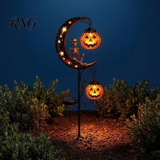Spooky Halloween Outdoor Displays Solar White Ghost Pumpkin Moon Garden Stake Light, Waterproof LED Decorative Stakes for Flower Beds Yard Decoration,