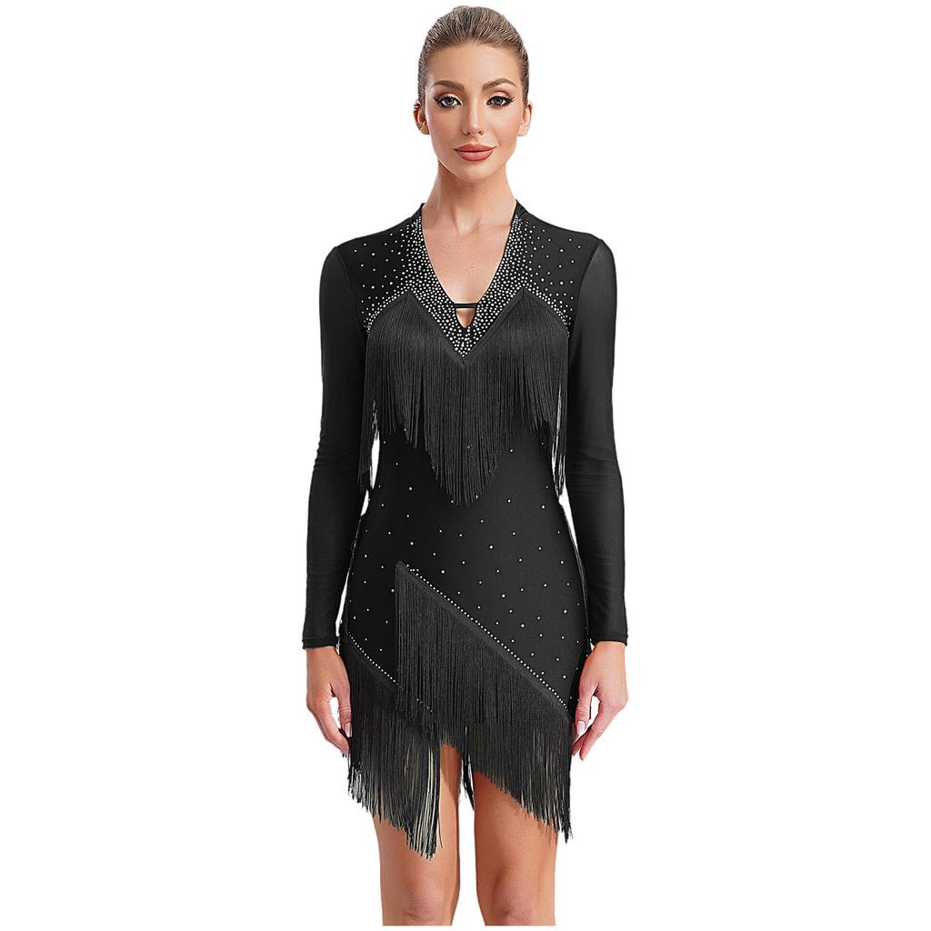 Женское платье для латинских танцев с V-образным вырезом и длинным рукавом, блестящая бахрома из страз, костюм для выступлений в стиле танго, румба, ча-ча-ча