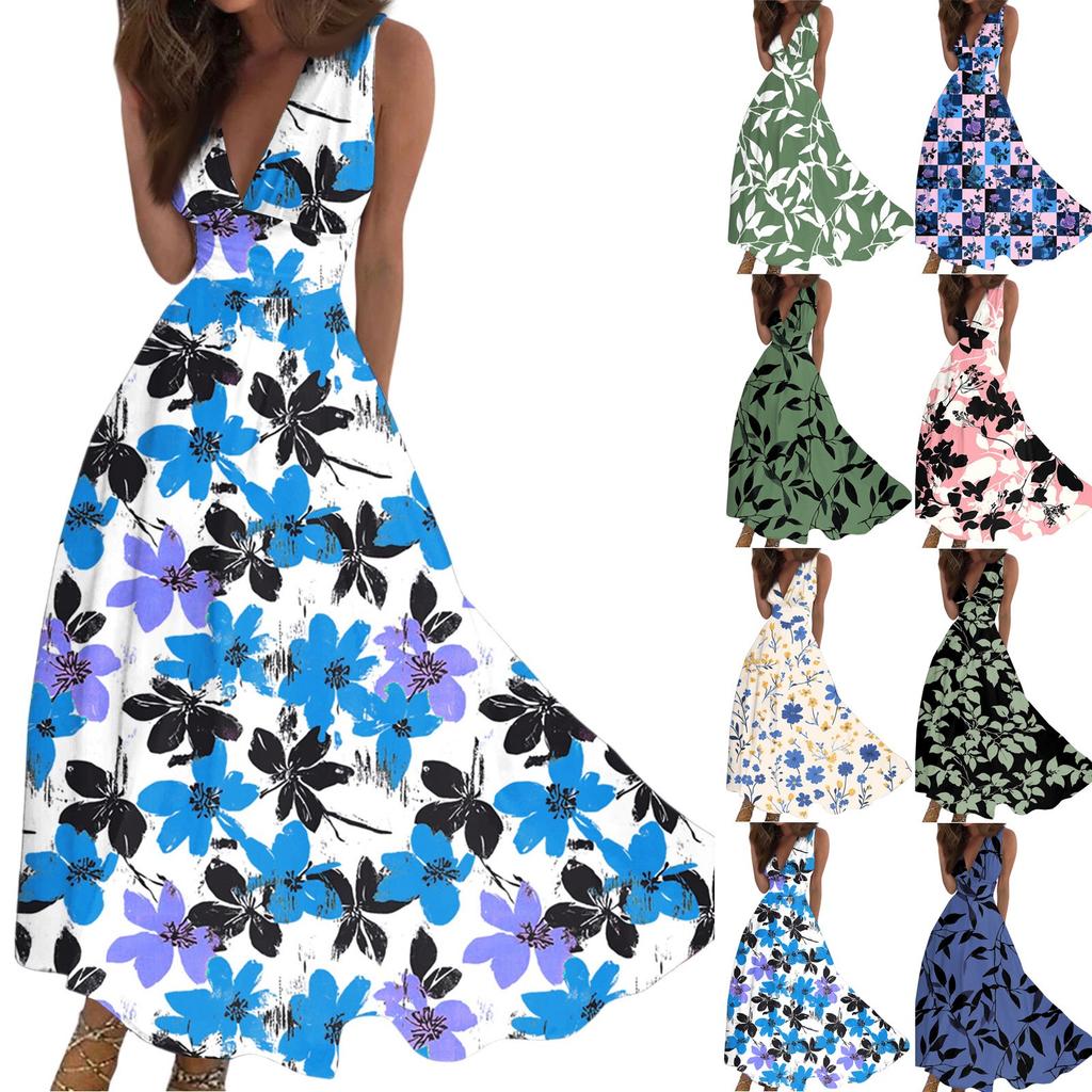 Women's Casual And Fashionable Floral Print V-Neck Sleeveless Dress Sleeveless Dress