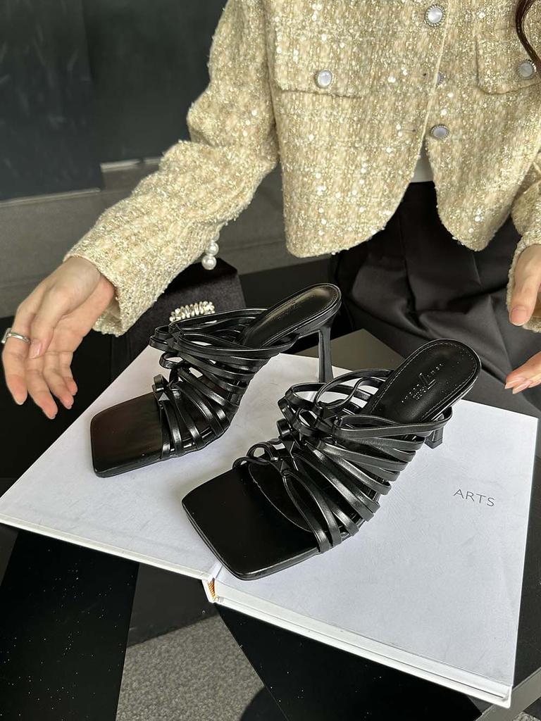 Модные женские тапочки с узкой резинкой 2024 года, новые поступления, модные шлепанцы на тонком высоком каблуке, черные, золотые, серебряные, белые, неглубокие слипоны на мюлях