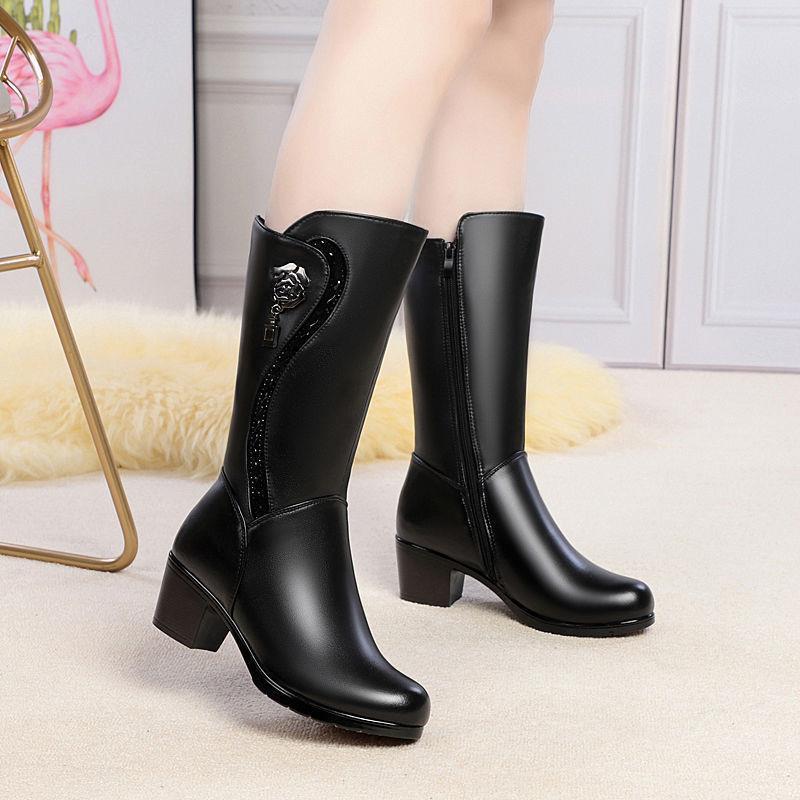 Mid Length Boots for Women's New Mother's Shoes, Cotton Shoes, Thick Heels, Middle-aged Women's Leather Boots, Women's Shoes