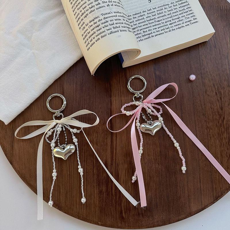 Imitation Pearl Bow Key Ring Ribbon Beaded Keychain Korean Style Hanging Accessories Y2K Heart Bag Pendant School