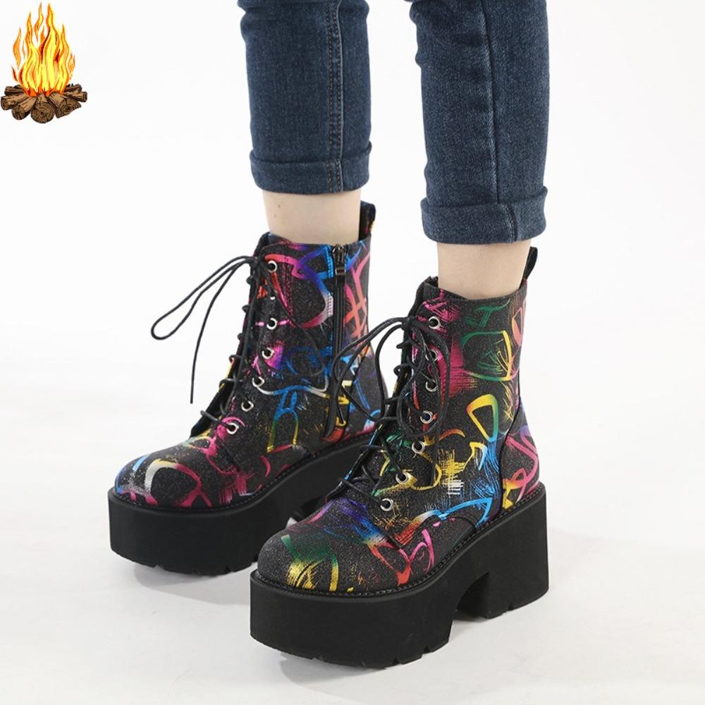 Fashion 2025 Colorful Striped Round Toe Women's Ankle Boots with Velvet Zipper Thick Soled Boots Women Shoes Zapatos De Mujer