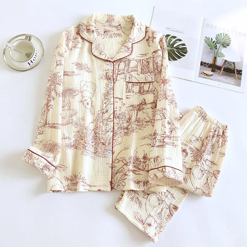 100% хлопок марля летняя женская пижама с рисунком кролика пижамы весенний женский комплект из 2 предметов ночная одежда женская пижама