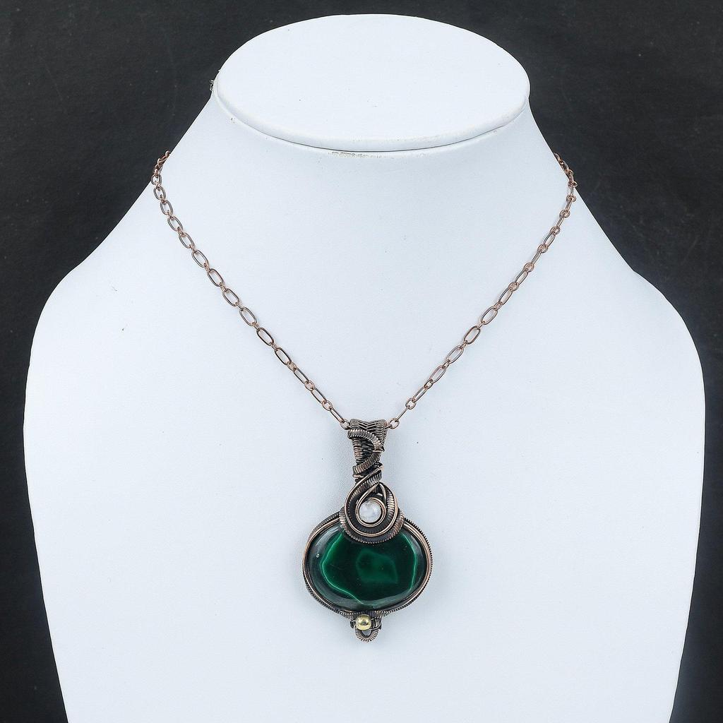 Малахитовая медная проволочная обертка, радужный лунный камень, драгоценный камень, ручная работа, проволочная обертка, дизайнерская подвеска, медные украшения для подарка