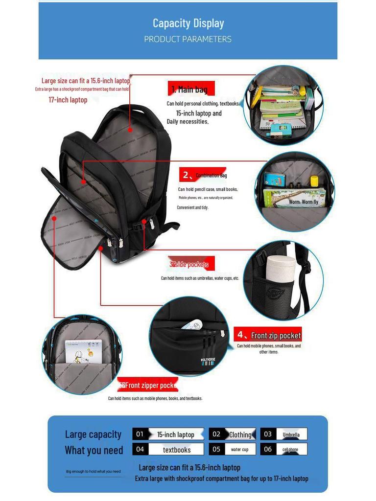 Waterproof Large Capacity Schoolbag for Primary, Junior High, and High School Students