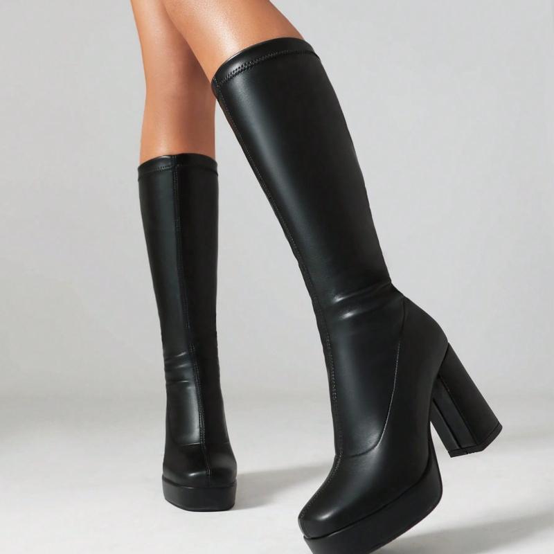 Women Square Toe Knee High Elastic Boots Water Resistant Platform Chunky Heel Fashion Street Shoes