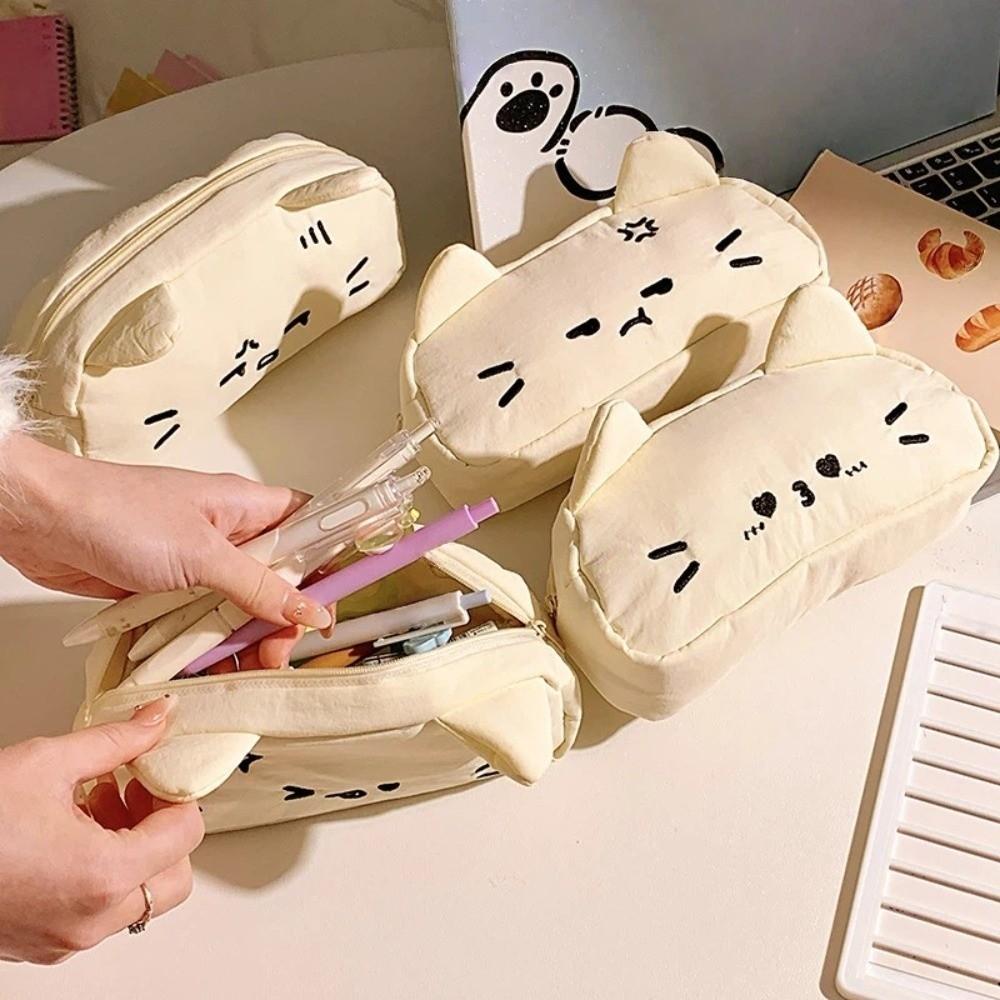 Funny Stationery Storage Bag Cartoon Kitty Stationer Bag Embroidered Cat Pencil Case Student Use