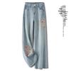 Women's Retro Chinese Style Wide-Leg Embroidered Jeans