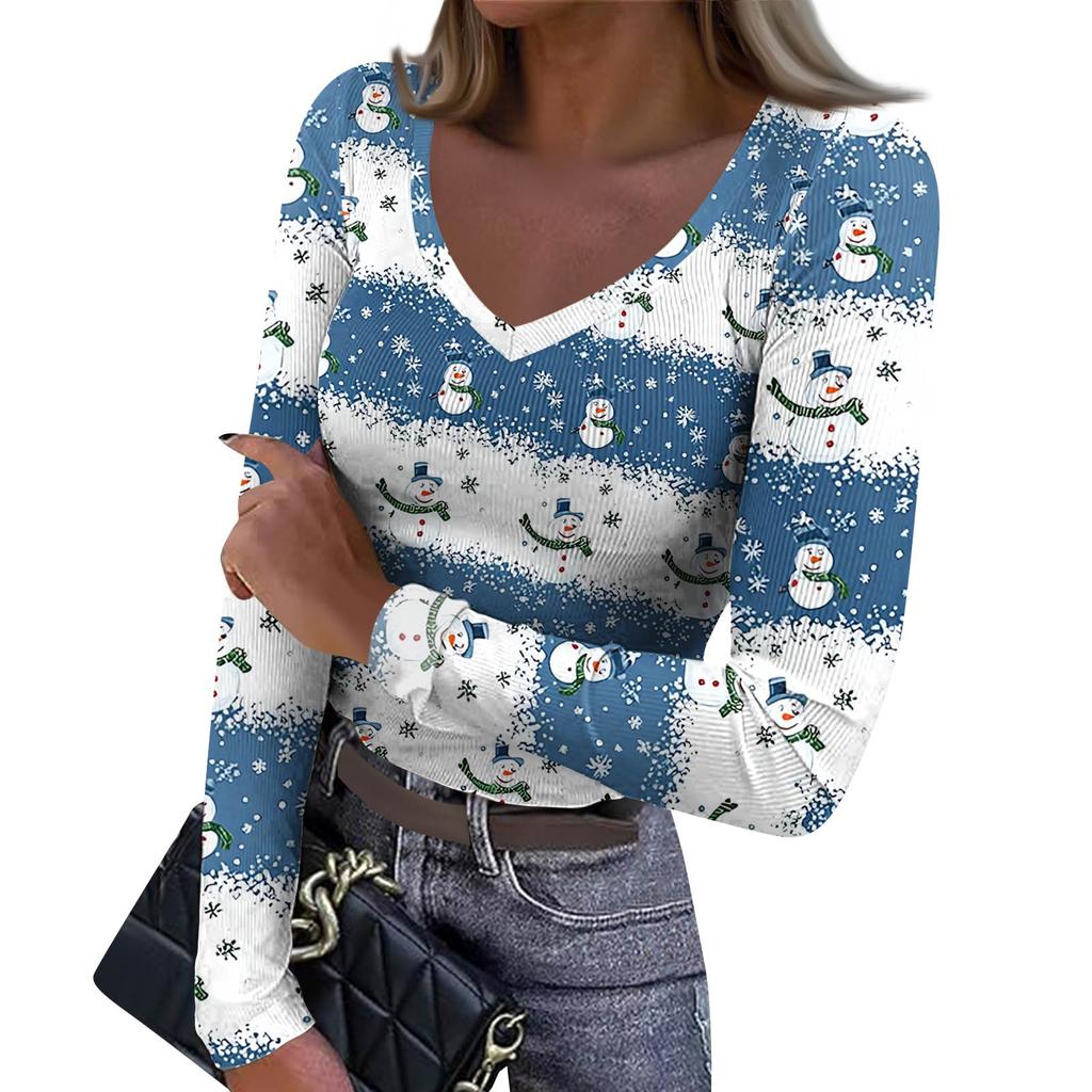 Women's Winter Slim-Fit Base Layer T-Shirt Fashionable Christmas Print V-Neck Pullover Long-Sleeved Top