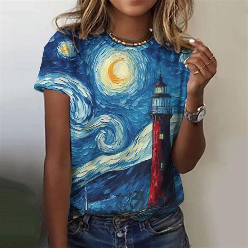 Футболка с изображением маяка в 3D-принте с изображением ночной сцены для женщин, летние повседневные футболки в стиле Харадзюку с короткими рукавами и круглым вырезом