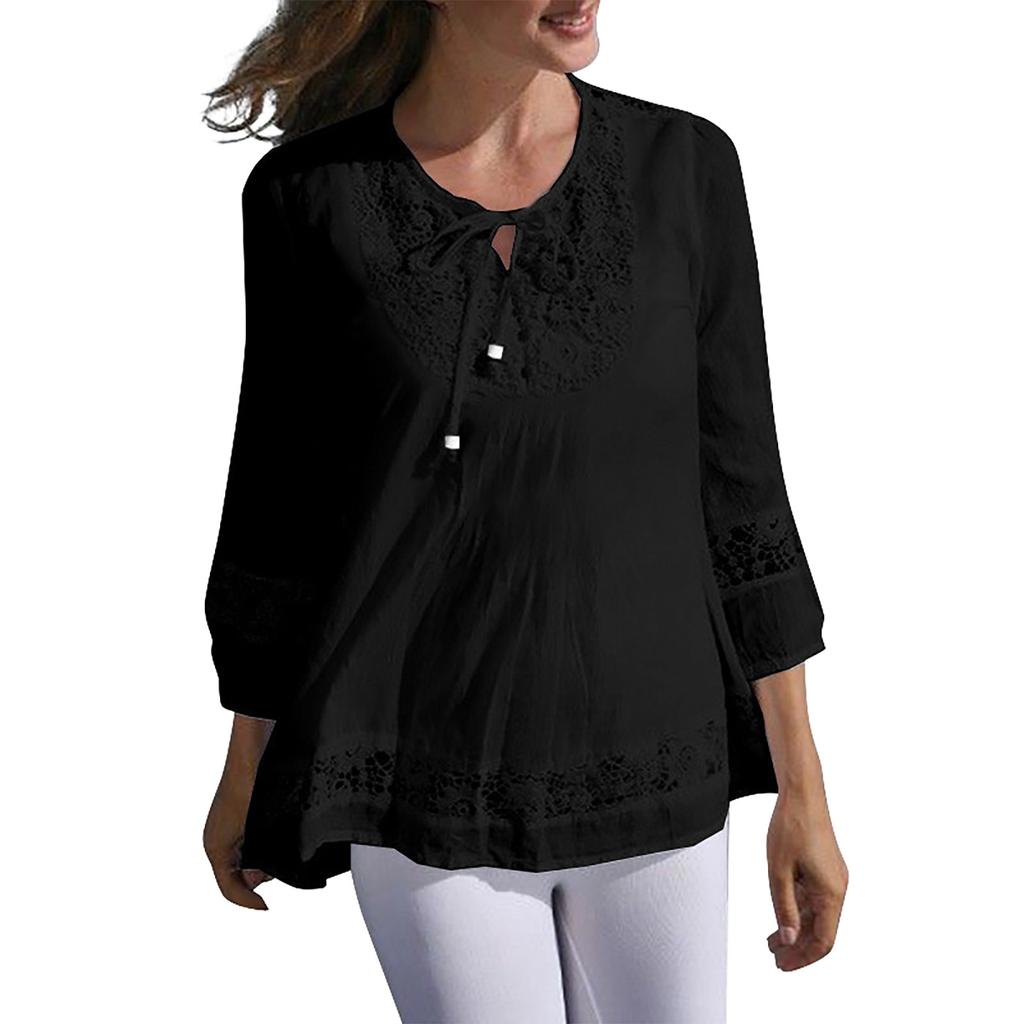 Women's Fashion Casual Loose Pleated Lace Hollow O-Neck Blouse Top
