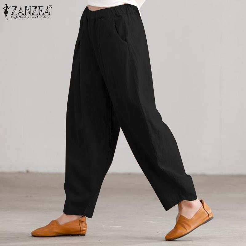 ZANZEA Женские летние хлопковые брюки, однотонные повседневные свободные шаровары с эластичной резинкой на талии