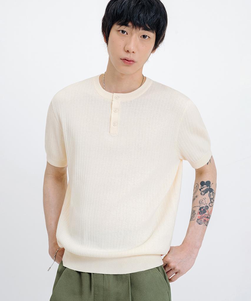 LEMAIN SECOND Classic Henley Neck Washable Short Sleeve Knit [Ivory]