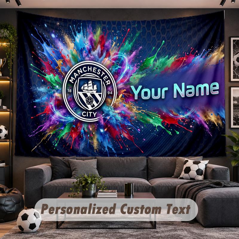 Manchester City Personalized Tapestry Support Custom Name, Wall Art Home Decoration