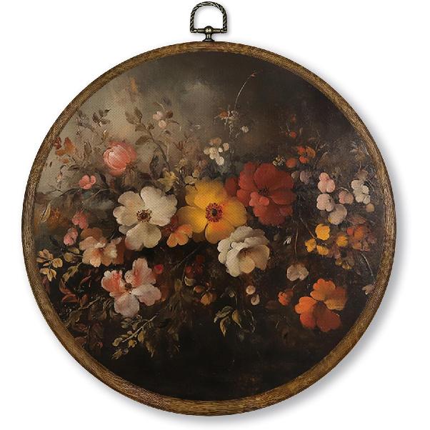 Qskjre Dark Moody Peony Floral Wall Art Decor, Vintage Cottagecore Pink Peonies Flower Round Wood Framed Canvas Wall Artwork, Shabby Chic Hanging