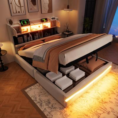 Кровать с мягким изголовьем 140x200 Гидравлический отсек для хранения LED-изголовье USB-A и USB-C функция зарядки Пульт дистанционного управления Ламельная решетка Бежевый Без матраса