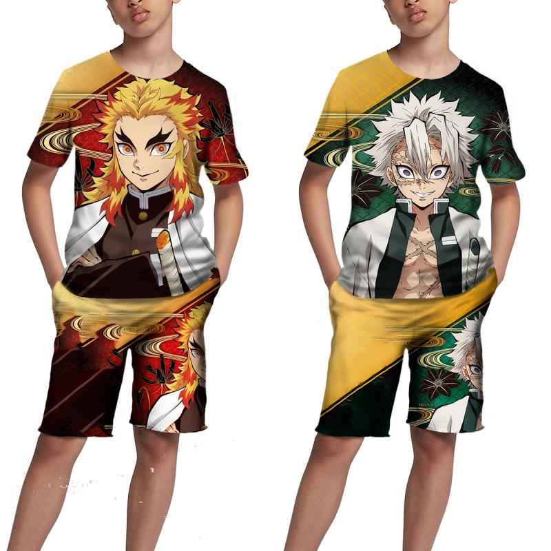 Детские топы/брюки/костюм с 3D принтом японского аниме «Убийца демонов» для девочек Kimetsu No Yaiba Tomioka Giyuu, комплект футболок и шорт с мультяшным рисунком